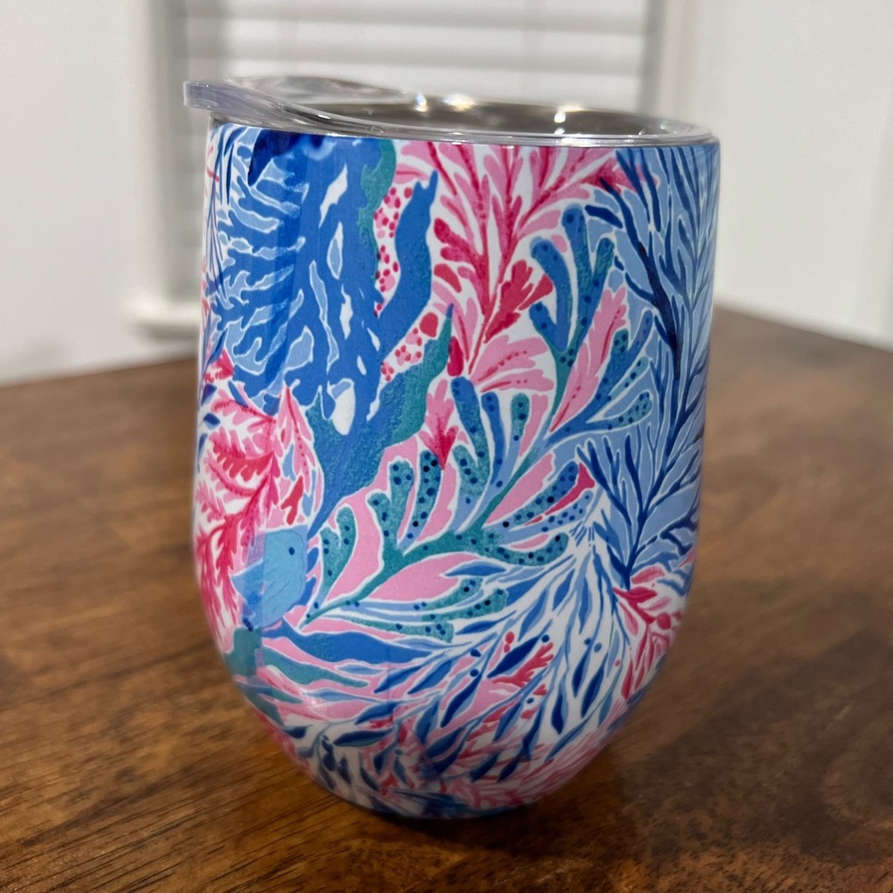 Lilly Pulitzer Wine Glass Stemless Tumbler Coral Kaleidoscope Insulated Cup